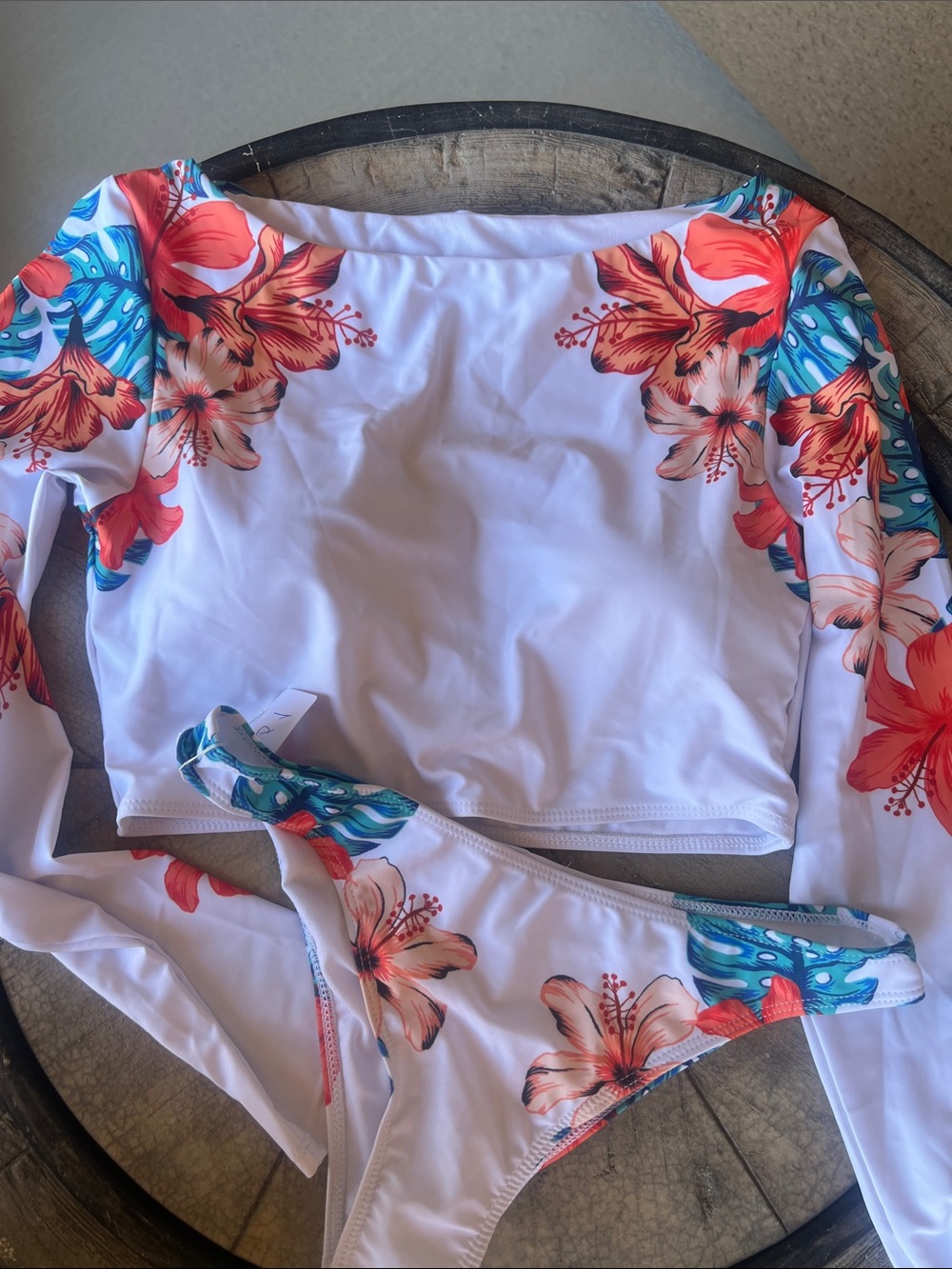 White Floral Long Sleeve Bikini Set with Orange Hibiscus see notes B22